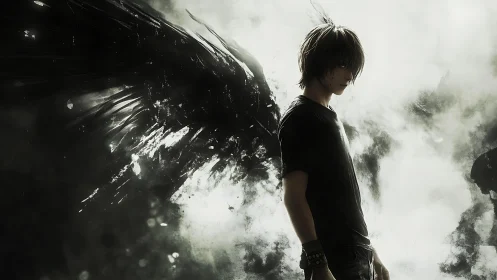 Brooding dark angel stands in swirling monochrome storm