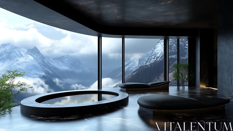 Luxury mountain lounge with panoramic snowy peak view.