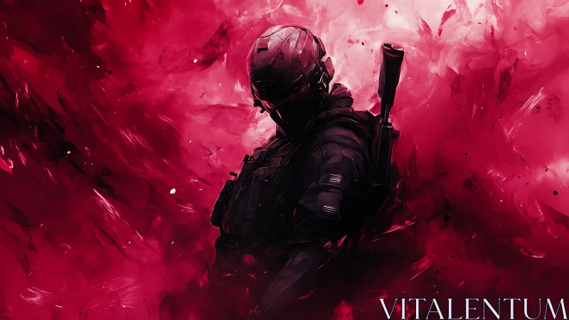 Armored tactical soldier emerging through abstract crimson particle field