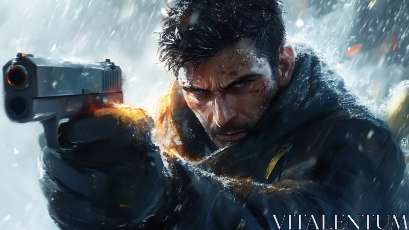 Determined gunman aiming forward in harsh winter storm.