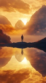 Backlit mountain observer with mirrored golden sky symmetry.