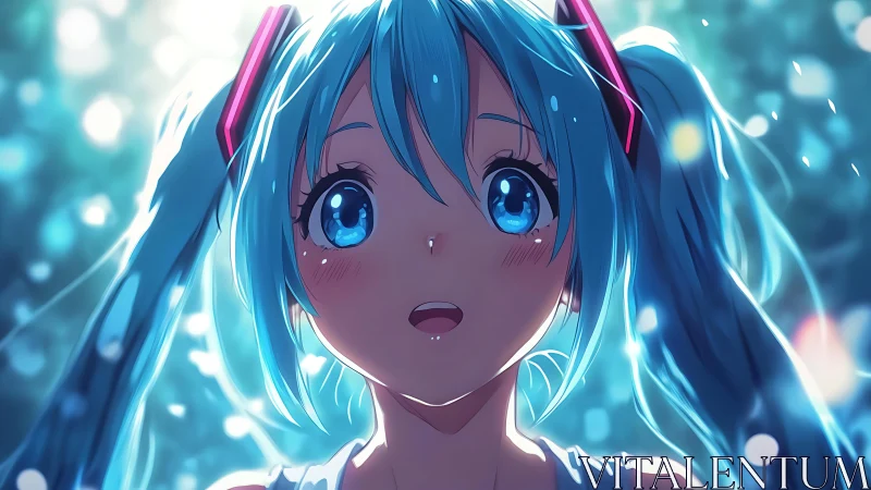 Blue haired anime girl looks up with bright hopeful eyes