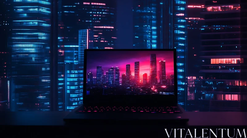 Neon-lit laptop framing magenta cyber city skyline at night.