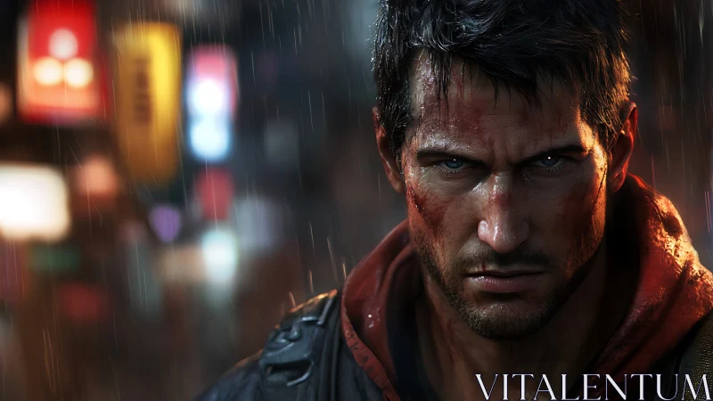 Rain-soaked urban warrior glaring through neon bruises.