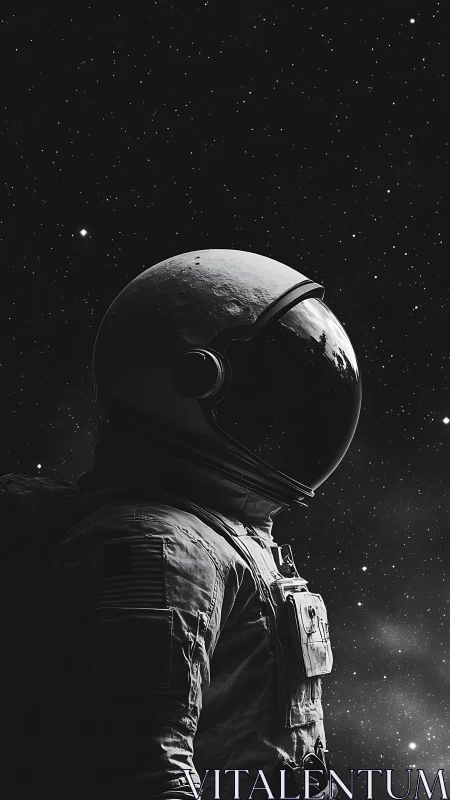 Monochrome astronaut profile rendered against dense starfield