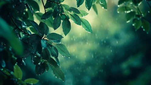 Green foliage with raindrops is shown in shallow depth of field