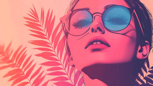 Stylized portrait of woman with blue glasses and foliage.