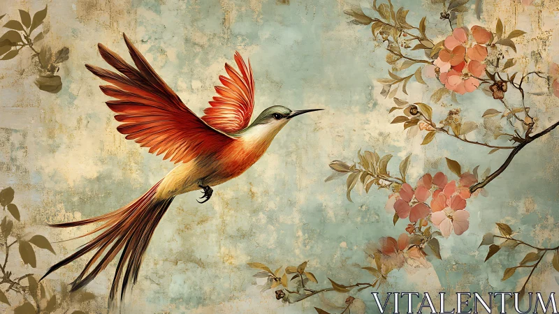 Long-tailed bird approaches flowering branch on textured field