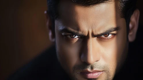 Intense male portrait in tight close-up with dramatic key light