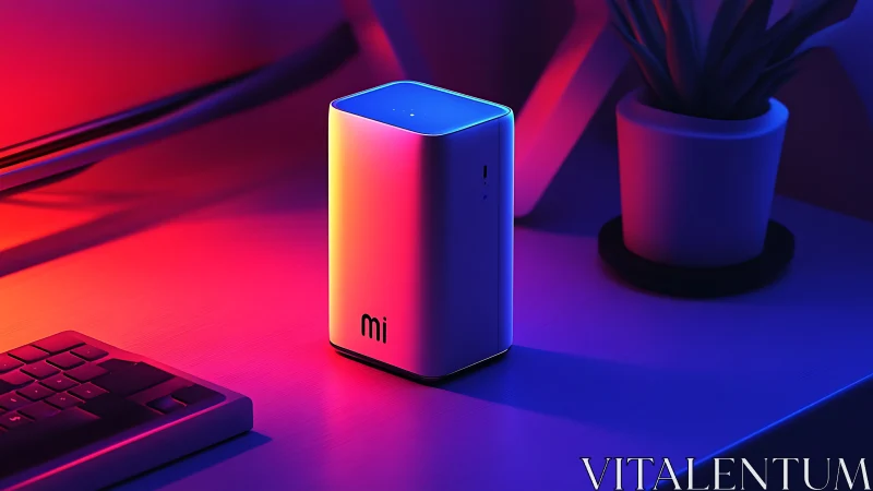 Xiaomi Mi smart device on neon gradient desk setup environment.
