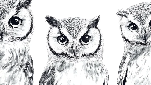 Three Realistic Black and White Owl Illustrations in Line Art Style.