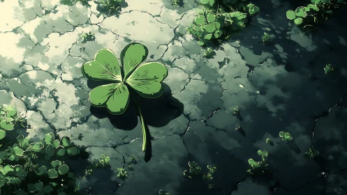 Solitary four leaf clover shining on cracked twilight earth.