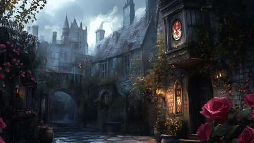 Gothic rose-lined alley with illuminated castle windows at dusk.