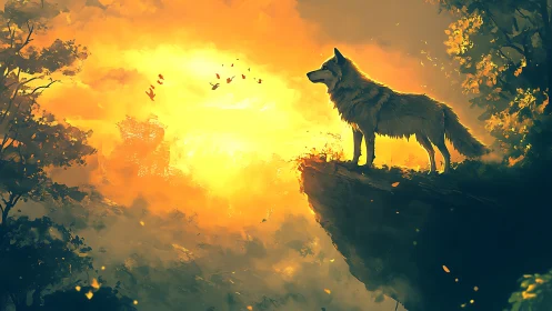 Backlit wolf silhouette surveying misty canyon at golden sunrise