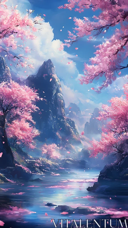 Digital painting of sakura valley with atmospheric depth.