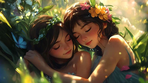 Two girls rest closely together in sunlit wildflowers