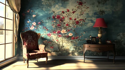 Sunlit vintage corner turns floral wallpaper into theater