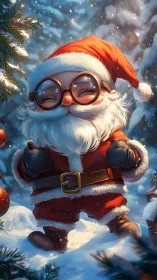 Miniature Santa figure with oversized goggles in snowy forest.