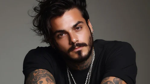 Moody tattooed man in studio portrait with soft focus lighting.