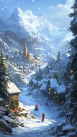 Snow-covered alpine village glows with warm festive lights