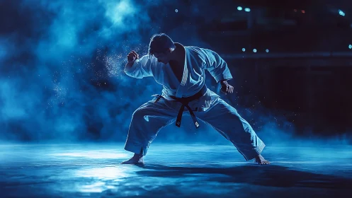 Low-key cinematic portrait of martial artist in deep stance.