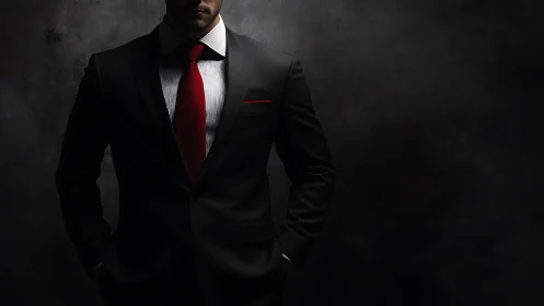 Midnight power suit with a razor-red tie in half-shadow.