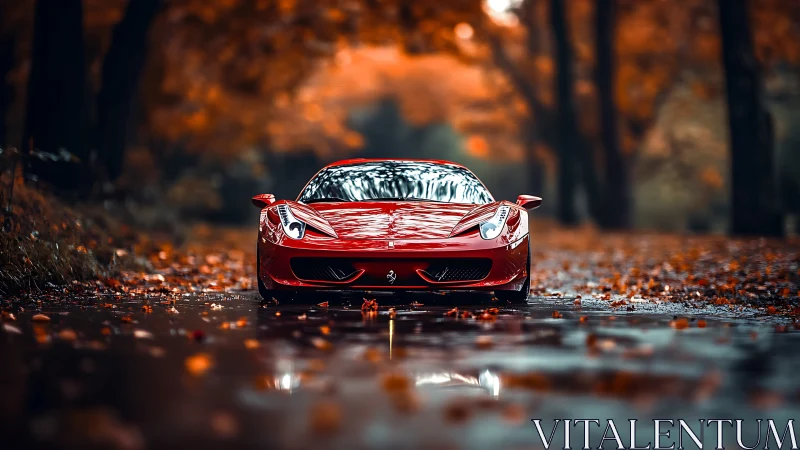 Crimson supercar gliding through reflective autumn avenue.