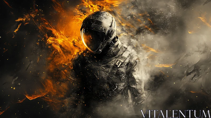 Astronaut figure stands within dense orange flame and smoke