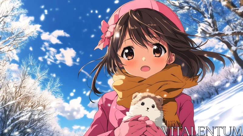 Winter anime girl with scarf holding plush toy in snowfield.