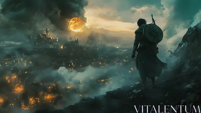 Lone warrior overlooking burning fantasy city at dusk.