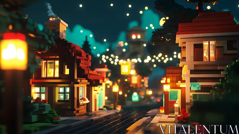 Toy-brick twilight street hums under storybook lantern glow
