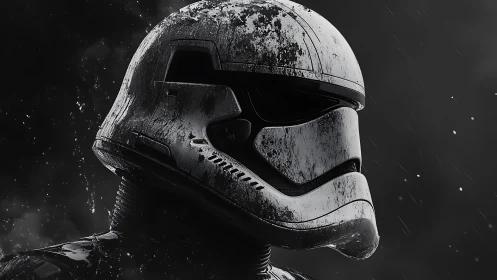 Weathered sci-fi helmet is rendered in profile under rainfall