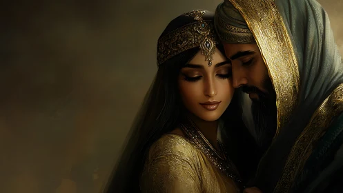 Medieval Couple in Golden Ornamental Garments.