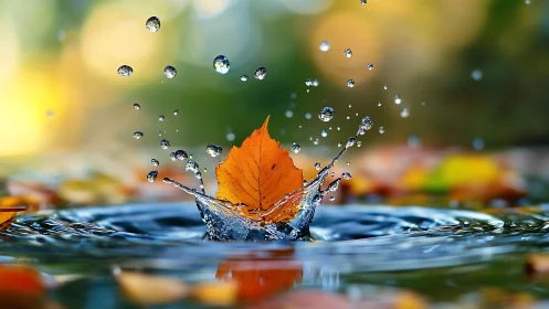 Golden autumn leaf splashing into a quiet reflective pool.