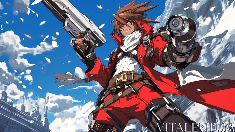 Gun-wielding anime warrior in red coat against sky backdrop.