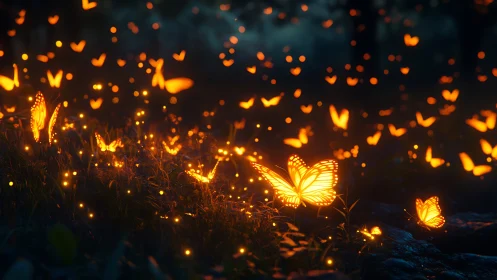 Bioluminescent butterflies in nocturnal forest clearing glow