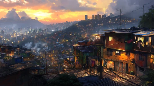 Rusty hillside favelas trade starlight with the waking city