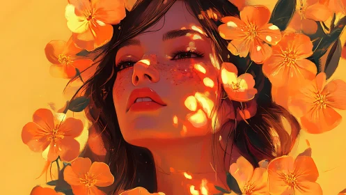 Sun-dappled dreamer drifts upward through blazing blossoms