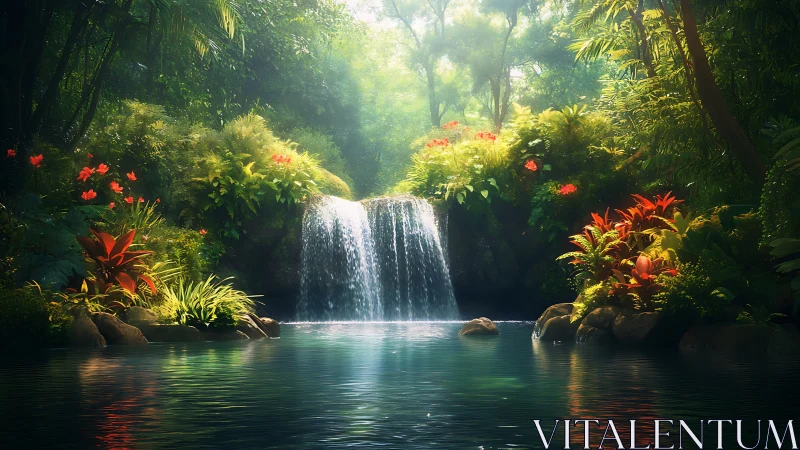 Tropical forest waterfall with pond and dense foliage.