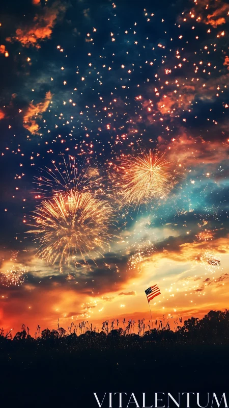 Fireworks burst over sunset field with distant US flag
