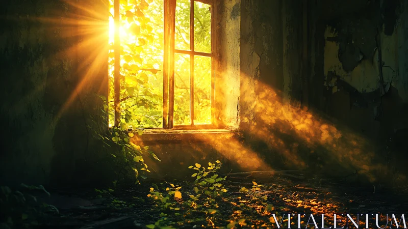 Sunlit window where wild greenery reclaims a quiet room.