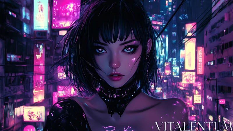 Cyberpunk portrait of woman in neon city street at night.