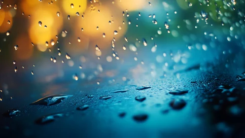 Macro view of falling raindrops over wet reflective surface.