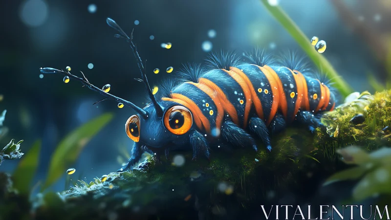 Bioluminescent caterpillar with dewdrops in dreamy forest.