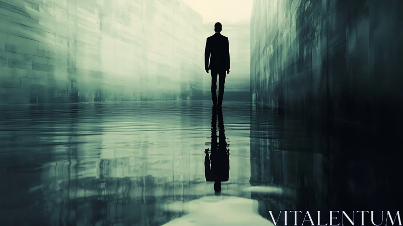 Lone silhouette strides through a glass-walled flooded corridor