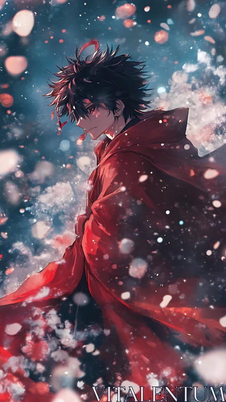 Crimson cloaked hero in swirling bokeh snowfall atmosphere.