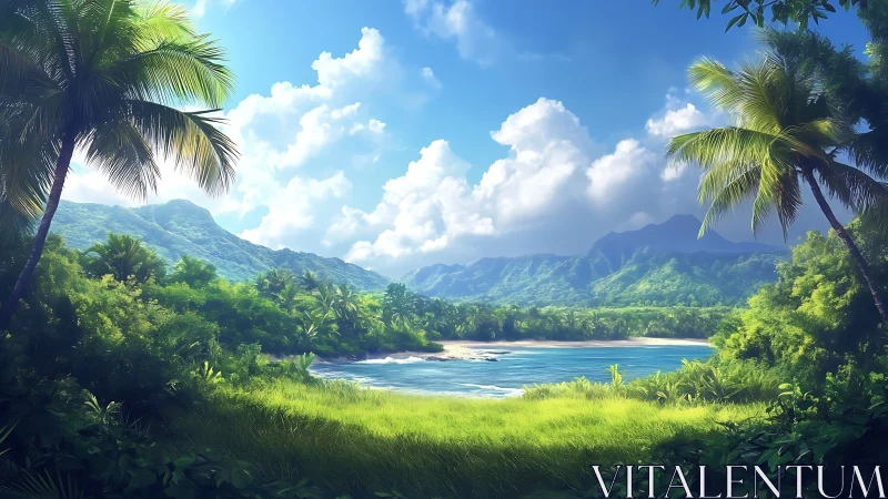 Tropical Valley Cove with Mountain Backdrop.