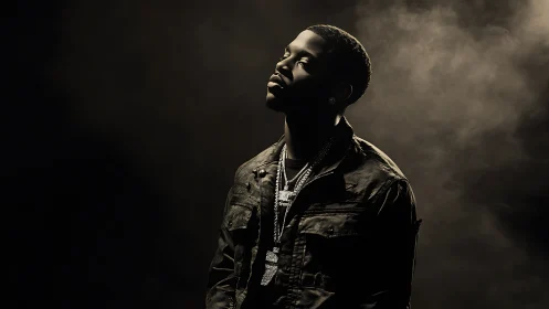 Moody portrait of a reflective man glowing in soft light.