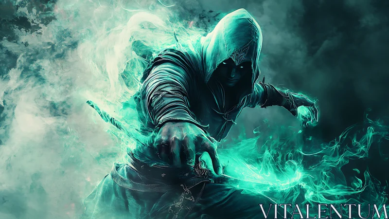 Hooded spectral assassin channels cyan etheric blade energy