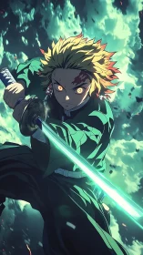 Storm-lit swordsman cutting through the sky in fierce focus.